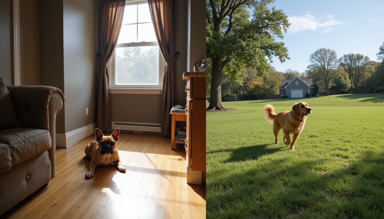 A French Bulldog rests indoors while a Golden Retriever energetically plays outside in a vibrant, spacious backyard.
