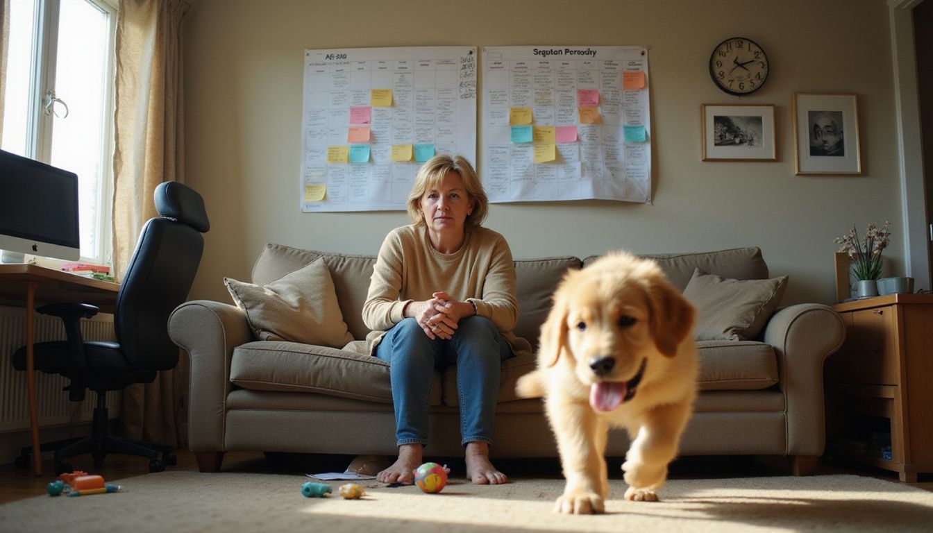 A contemplative woman sits on a sofa as a playful golden retriever puppy tumbles across the floor.