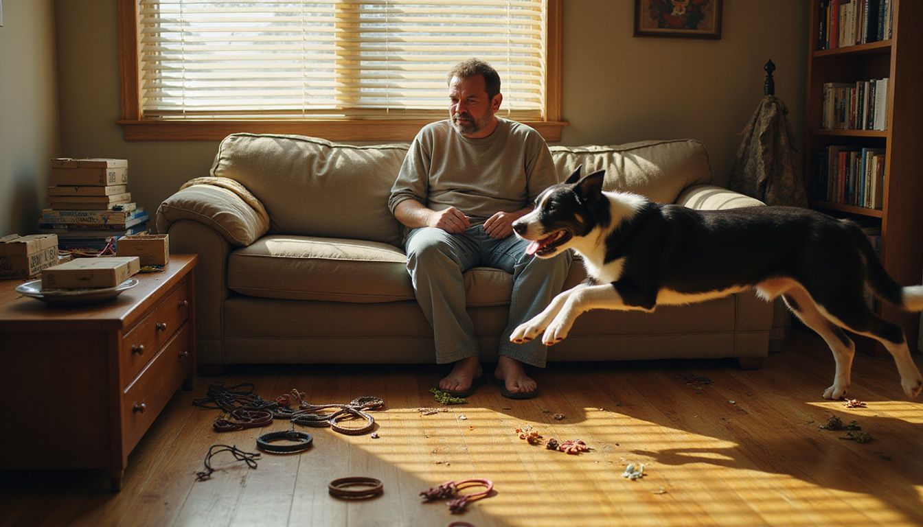 A weary middle-aged man slouches on a couch while a lively Border Collie puppy energetically leaps around him.