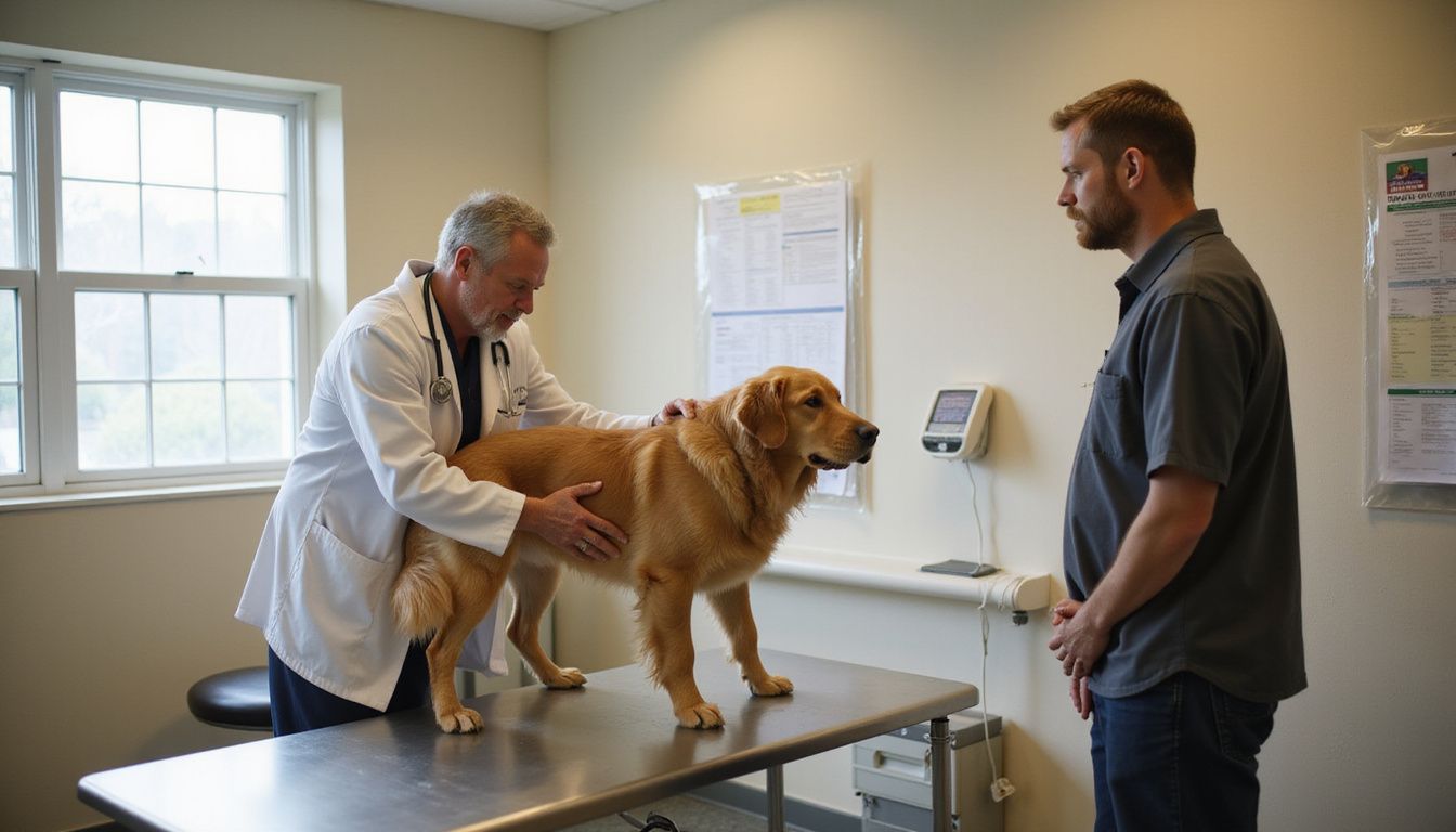 A veterinarian examines a golden retriever while the concerned pet owner watches in a veterinary clinic.