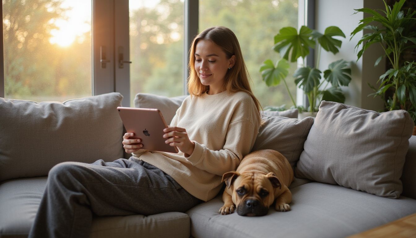 A woman relaxes on a sofa with a French Bulldog resting on her thigh, both embodying a cozy, candid moment.