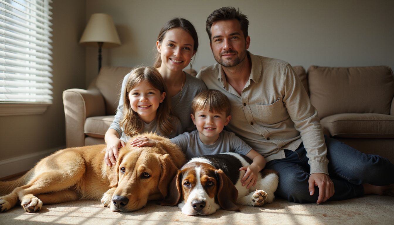 A family of four enjoys a cozy moment indoors with their pets on a well-worn area rug.