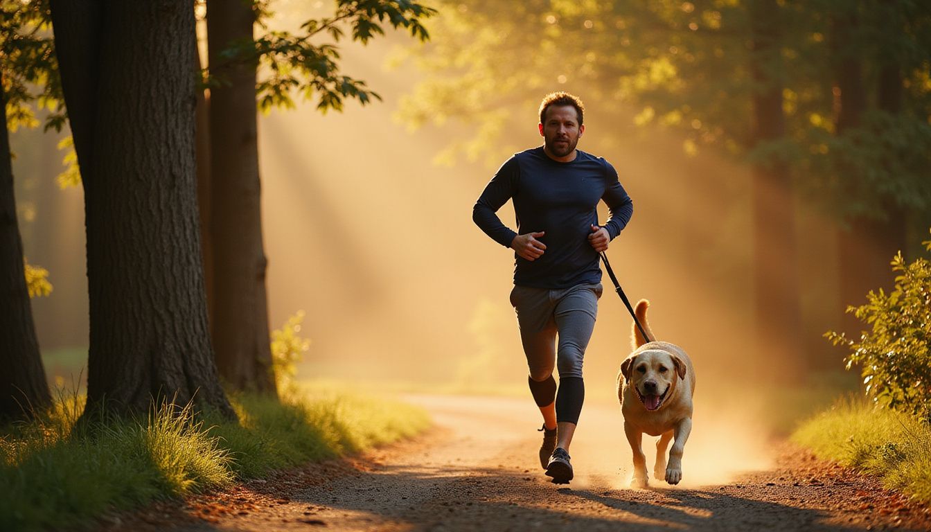 A jogger and their golden Labrador run energetically along a dirt trail surrounded by towering trees in a park.