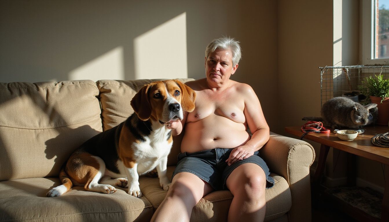 A relaxed middle-aged person sits with a Beagle on a worn couch, while a rabbit is visible in the background.