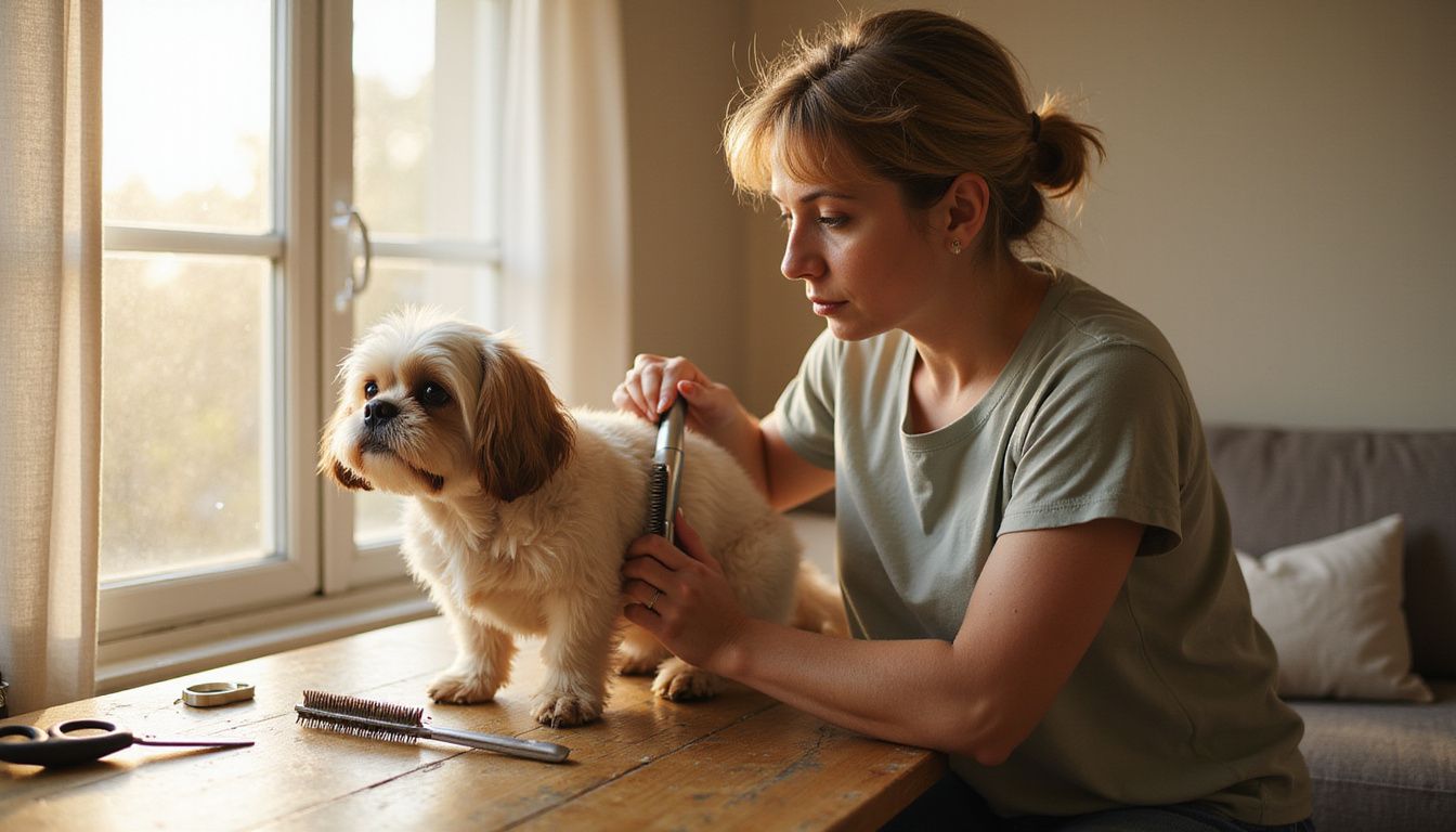 A woman carefully grooms her Shih Tzu at a wooden table in a cozy living room.
