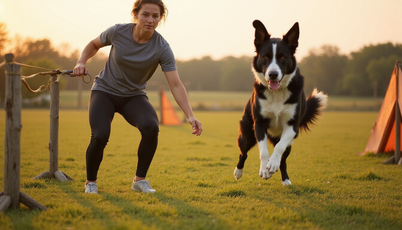 A dog trainer conducts agility work with a focused Border Collie leaping mid-air in an open pasture.