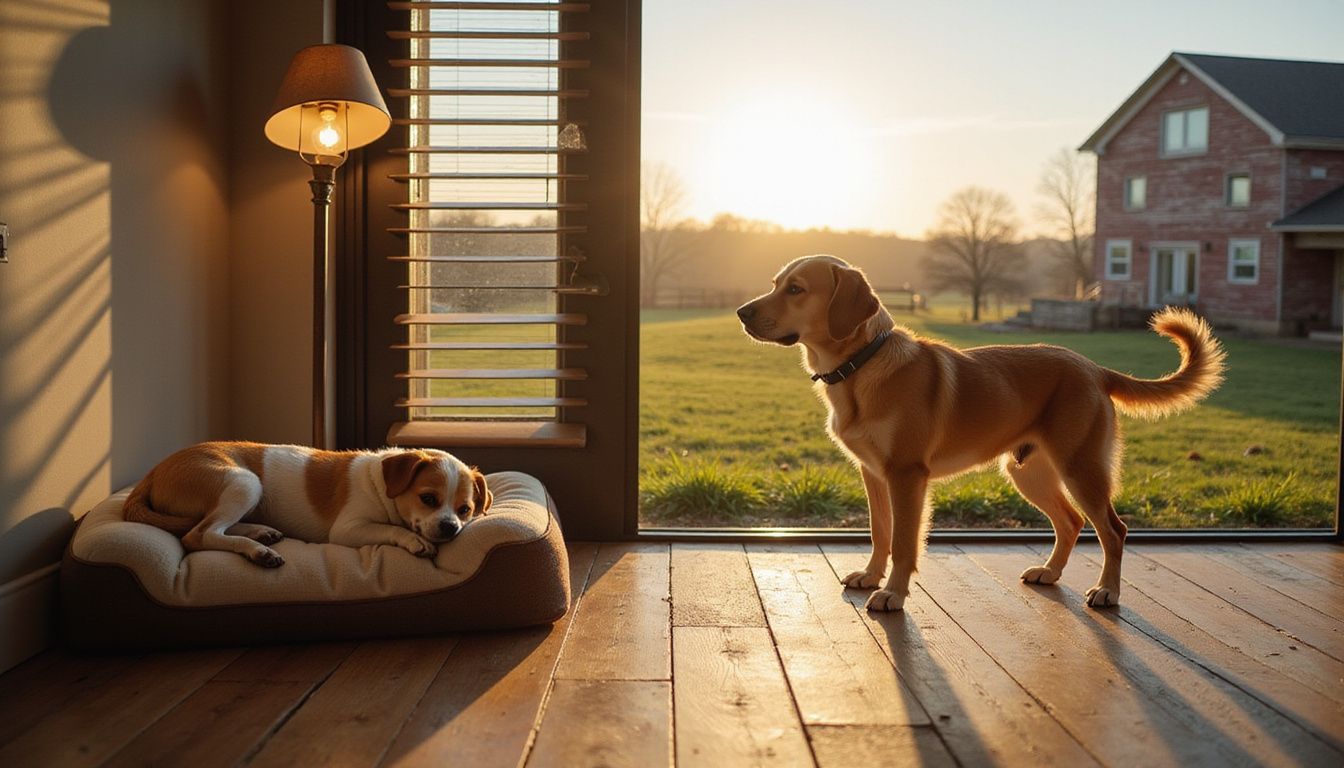 A Chihuahua relaxes indoors while a Golden Retriever stands alert outside a farmhouse, highlighting contrasting living environments. A Chihuahua relaxes indoors while a Golden Retriever stands alert outside a farmhouse, highlighting contrasting living environments.