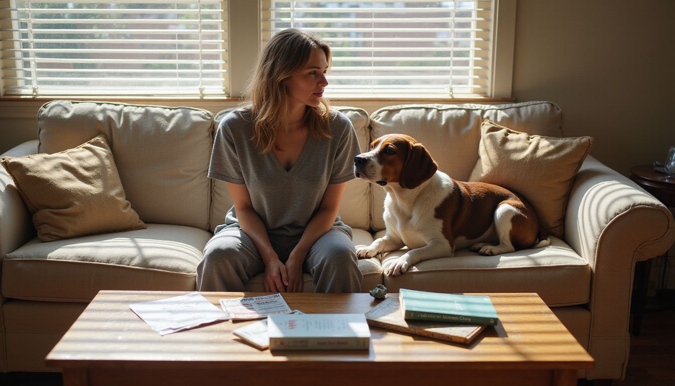 A woman sits thoughtfully beside a mixed-breed rescue dog, contemplating their potential adoption together. A woman sits thoughtfully beside a mixed-breed rescue dog, contemplating their potential adoption together.