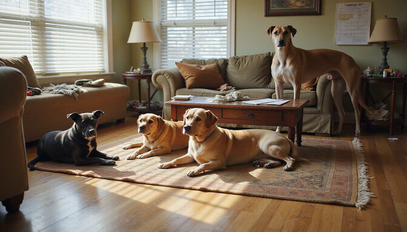 Four dogs of different breeds lounge comfortably in a lived-in living room filled with cozy, mismatched furniture. Four dogs of different breeds lounge comfortably in a lived-in living room filled with cozy, mismatched furniture.