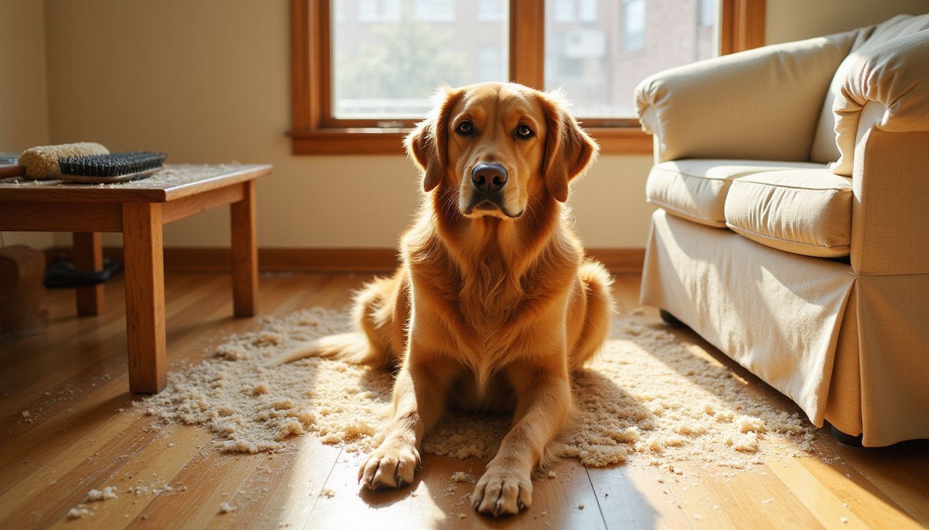 A golden retriever sits on hardwood flooring, surrounded by scattered loose fur and grooming tools in a cozy living room. A golden retriever sits on hardwood flooring, surrounded by scattered loose fur and grooming tools in a cozy living room.