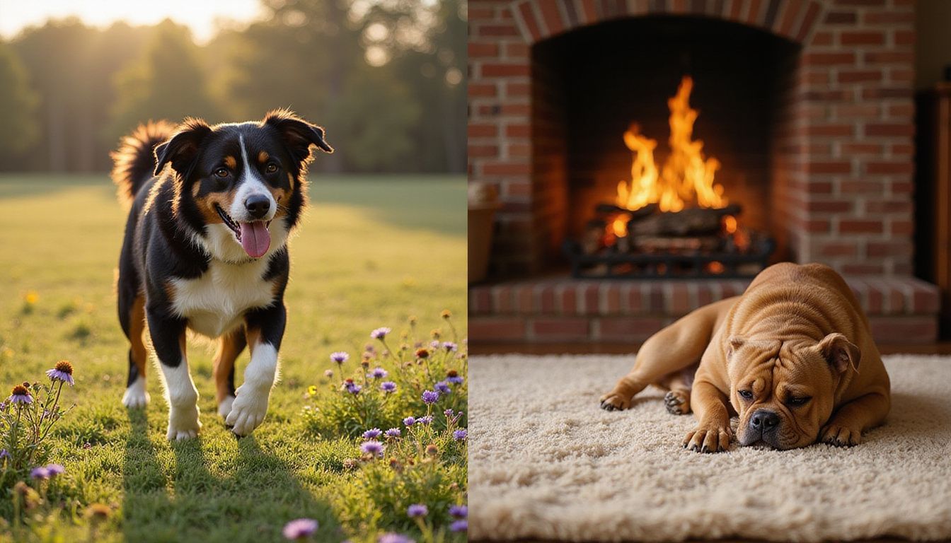 A border collie sprints joyfully in a meadow while a bulldog relaxes contentedly on a cozy carpet indoors. A border collie sprints joyfully in a meadow while a bulldog relaxes contentedly on a cozy carpet indoors.