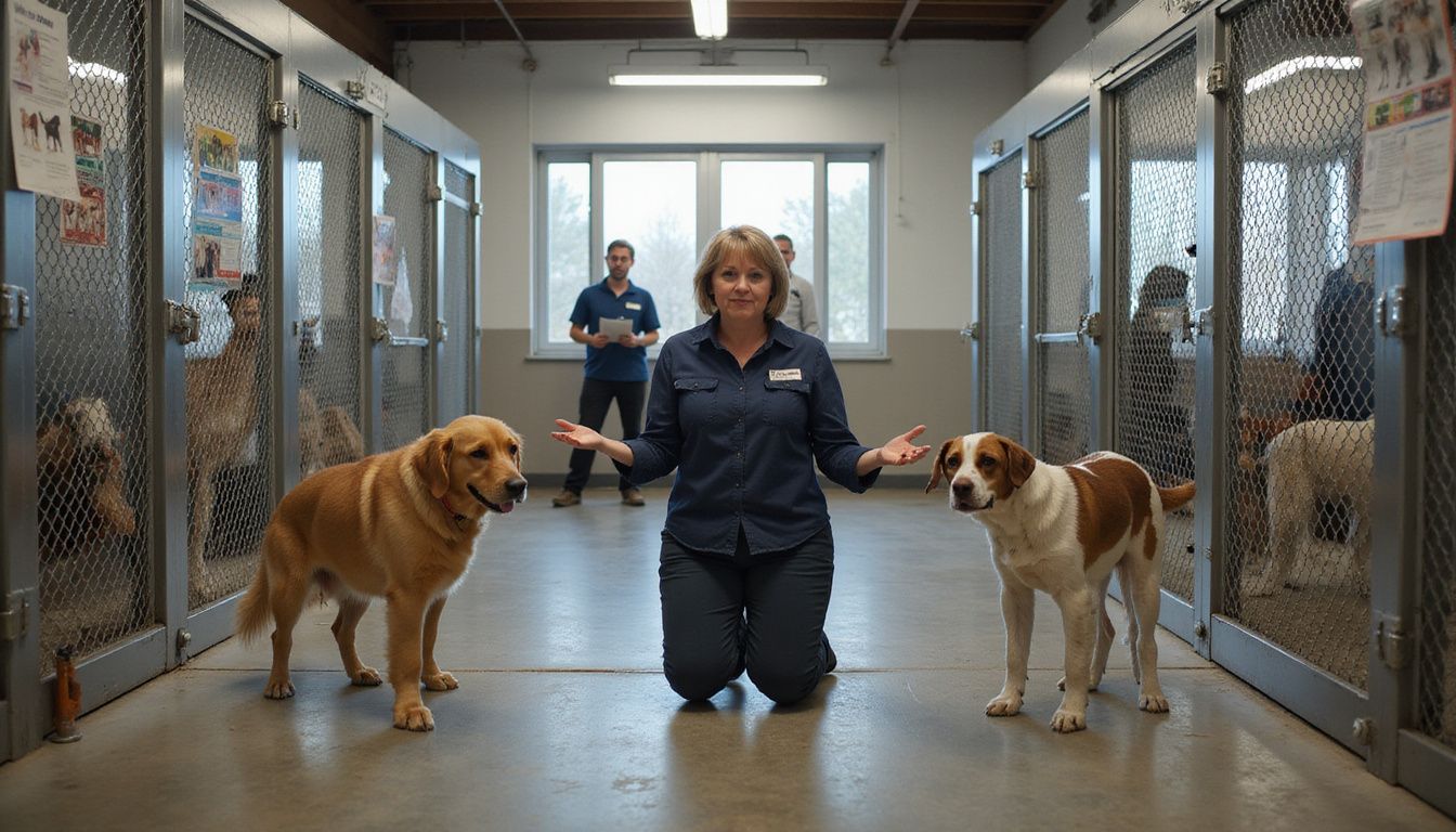A thoughtful woman kneels between two dogs at an animal shelter, observing their behavior with open, relaxed hands. A thoughtful woman kneels between two dogs at an animal shelter, observing their behavior with open, relaxed hands.