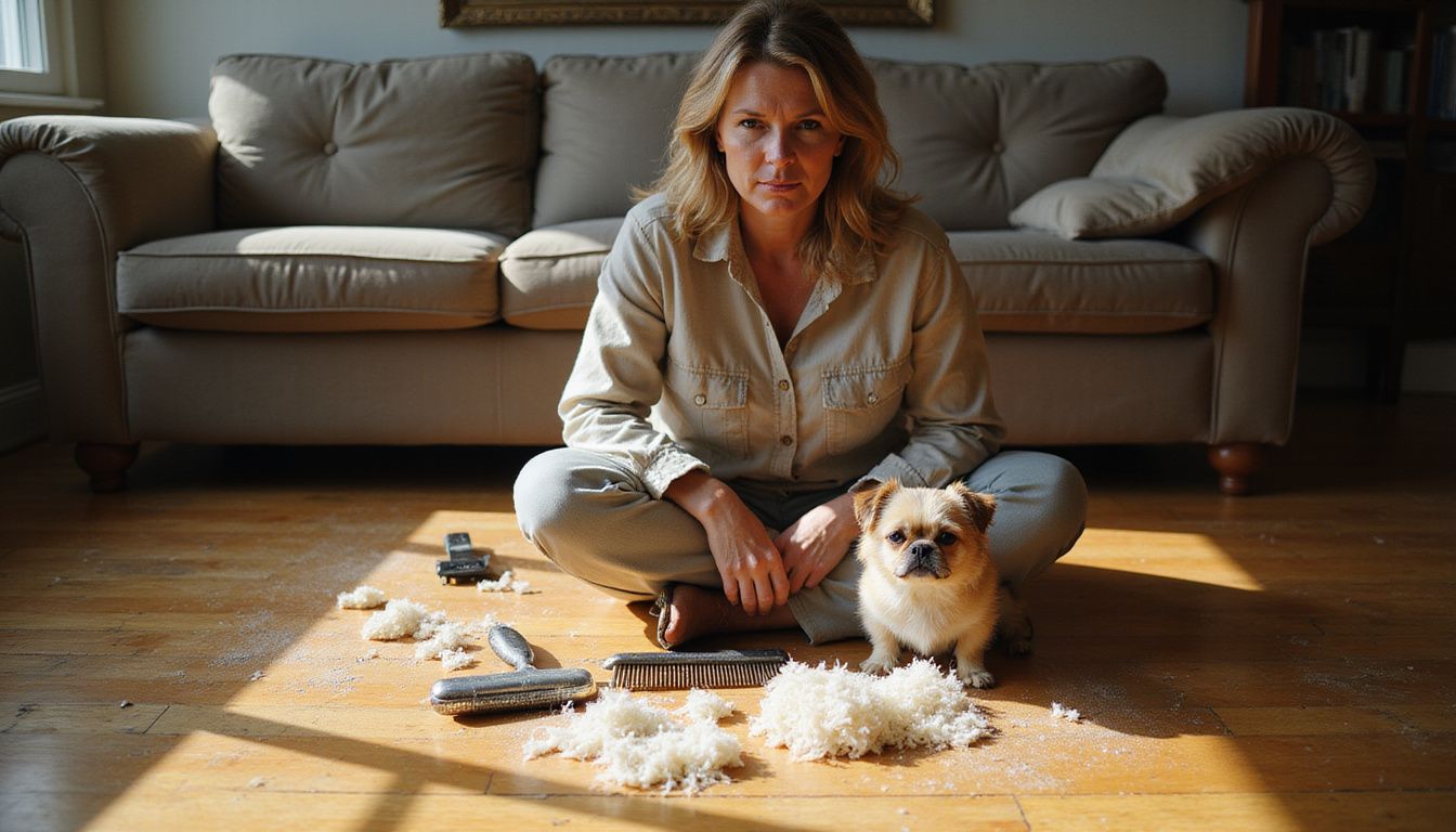 A weary middle-aged woman sits on the floor, surrounded by grooming supplies and an untidy Shih Tzu. A weary middle-aged woman sits on the floor, surrounded by grooming supplies and an untidy Shih Tzu.