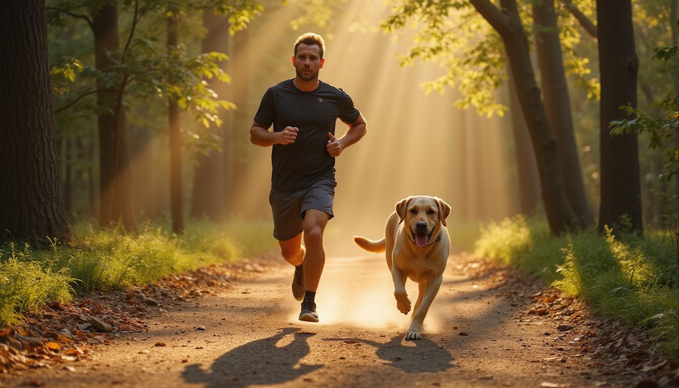 A focused young man jogs alongside a joyful golden Labrador on a textured forest trail. A focused young man jogs alongside a joyful golden Labrador on a textured forest trail.