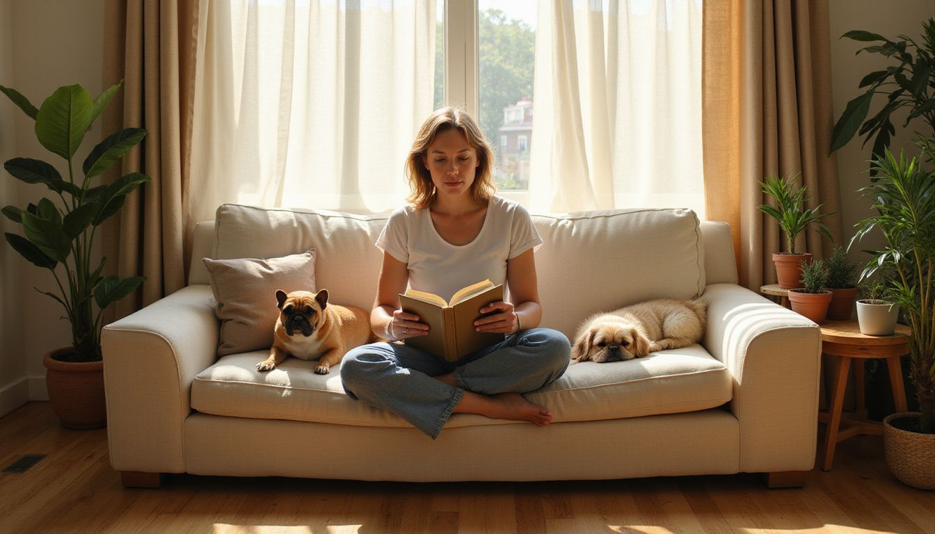 A woman relaxes on a sofa reading while her French Bulldog and Shih Tzu rest nearby in a cozy apartment. A woman relaxes on a sofa reading while her French Bulldog and Shih Tzu rest nearby in a cozy apartment.
