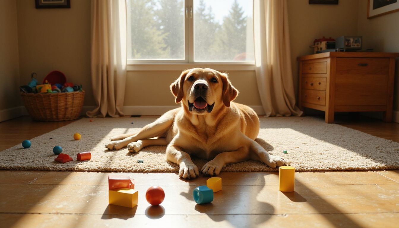 A golden Labrador Retriever relaxes on a worn carpet amidst colorful toys in a cozy living room. A golden Labrador Retriever relaxes on a worn carpet amidst colorful toys in a cozy living room.