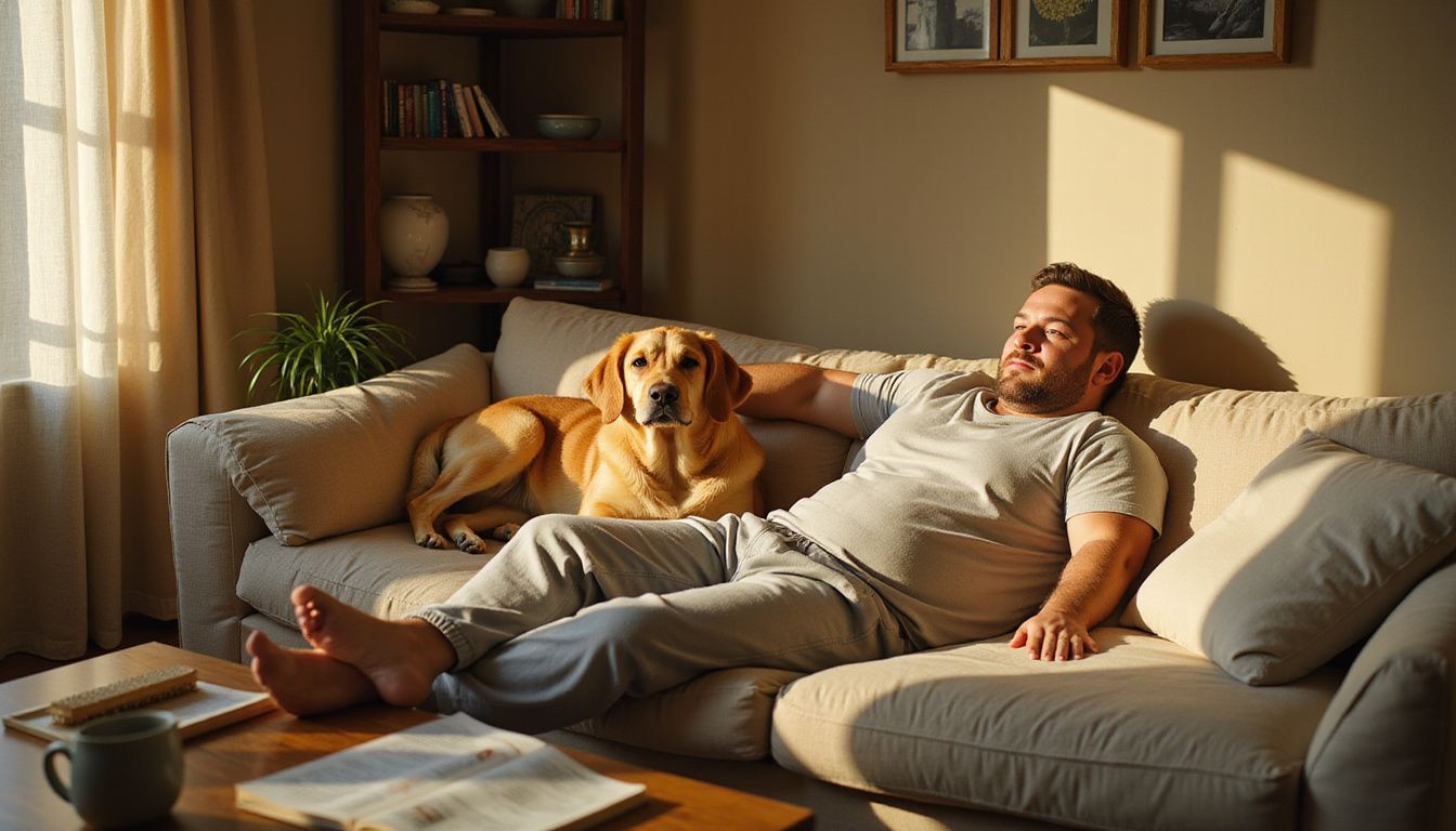 A relaxed young man in loungewear reclines with a content golden Labrador Retriever in a cozy living room. A relaxed young man in loungewear reclines with a content golden Labrador Retriever in a cozy living room.