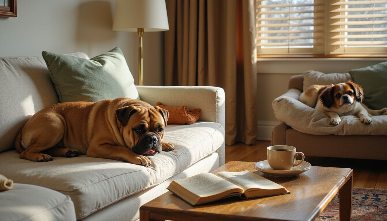 A cozy living room features a relaxed French Bulldog and a Cavalier King Charles Spaniel on a Persian rug. A cozy living room features a relaxed French Bulldog and a Cavalier King Charles Spaniel on a Persian rug.