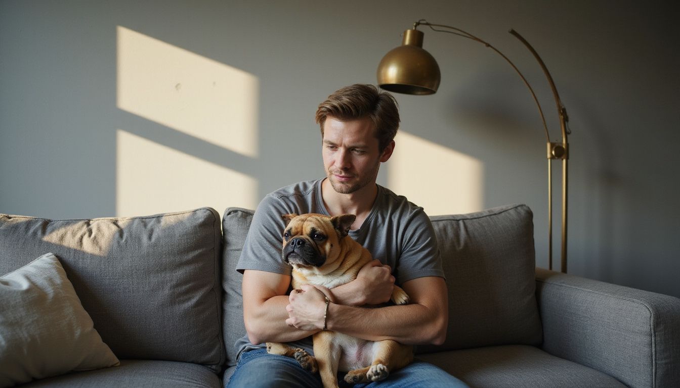 A man relaxes on a sofa, cradling a content French Bulldog against his chest. A man relaxes on a sofa, cradling a content French Bulldog against his chest.