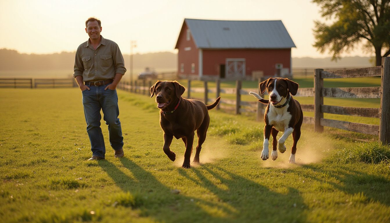 A man observes two dogs joyfully running through a lush green pasture near a rustic barn and wooden fencing. A man observes two dogs joyfully running through a lush green pasture near a rustic barn and wooden fencing.