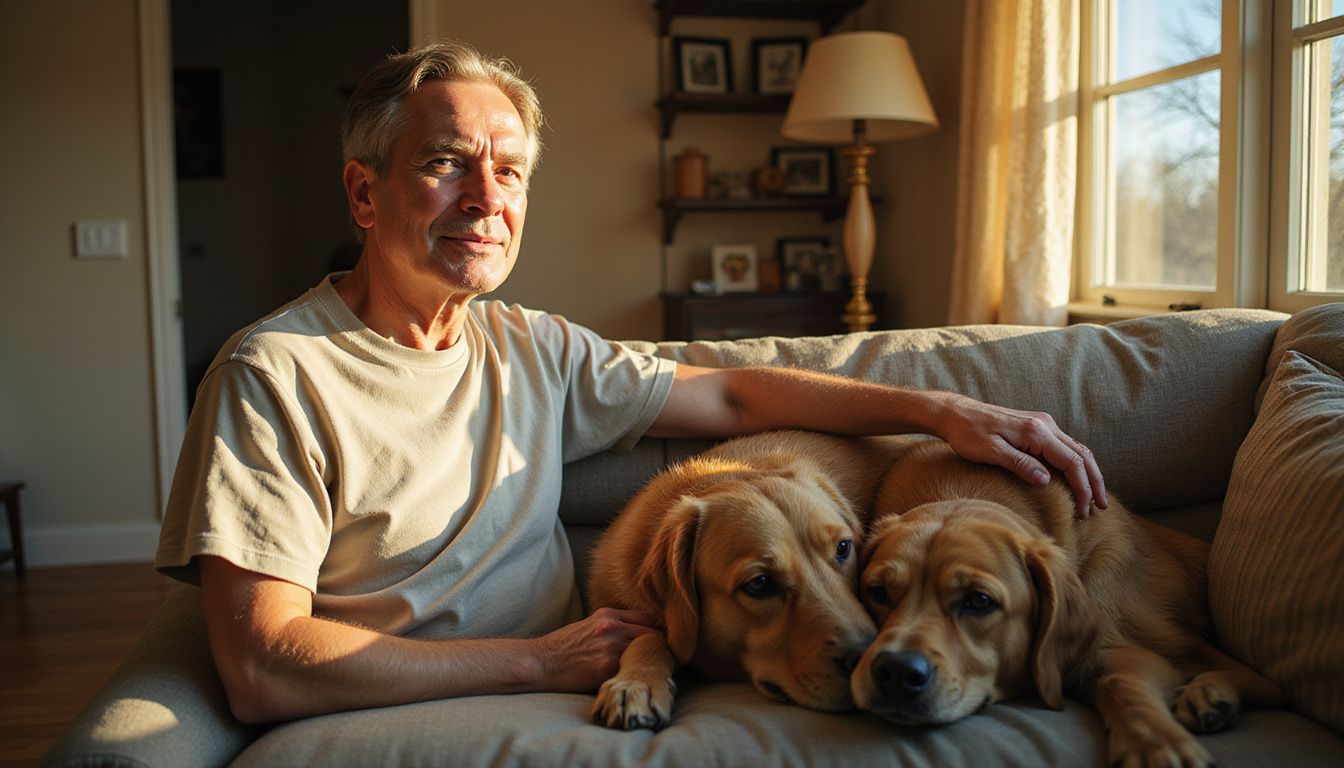 A relaxed middle-aged person gently strokes a content dog while sitting on a well-worn couch in a cozy living room.
