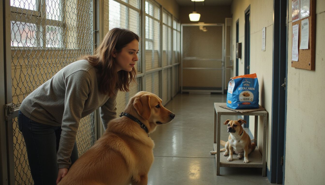 A focused woman examines a golden retriever in an animal shelter corridor, surrounded by kennels and a terrier mix.