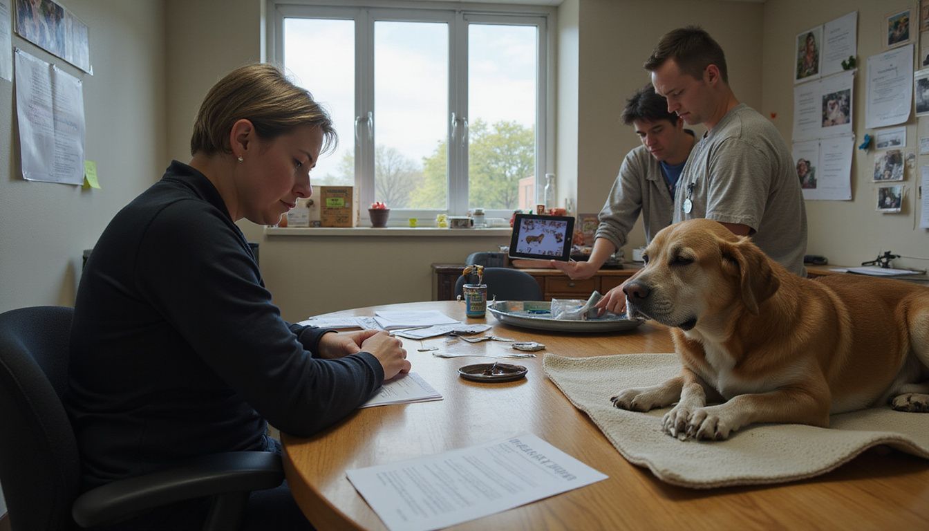 A middle-aged woman engages with a shelter staff member about dog adoption in a modest animal shelter office.