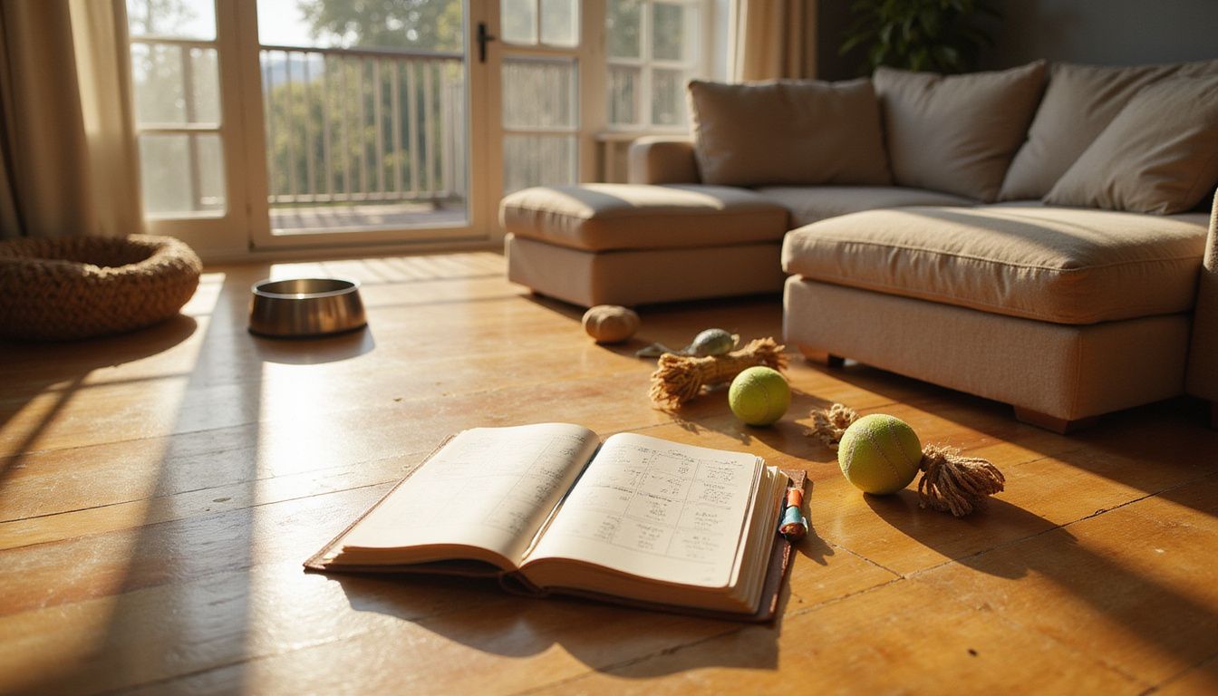 A cozy living room features a sectional sofa, a coffee table with a planner, and dog toys scattered across the floor.