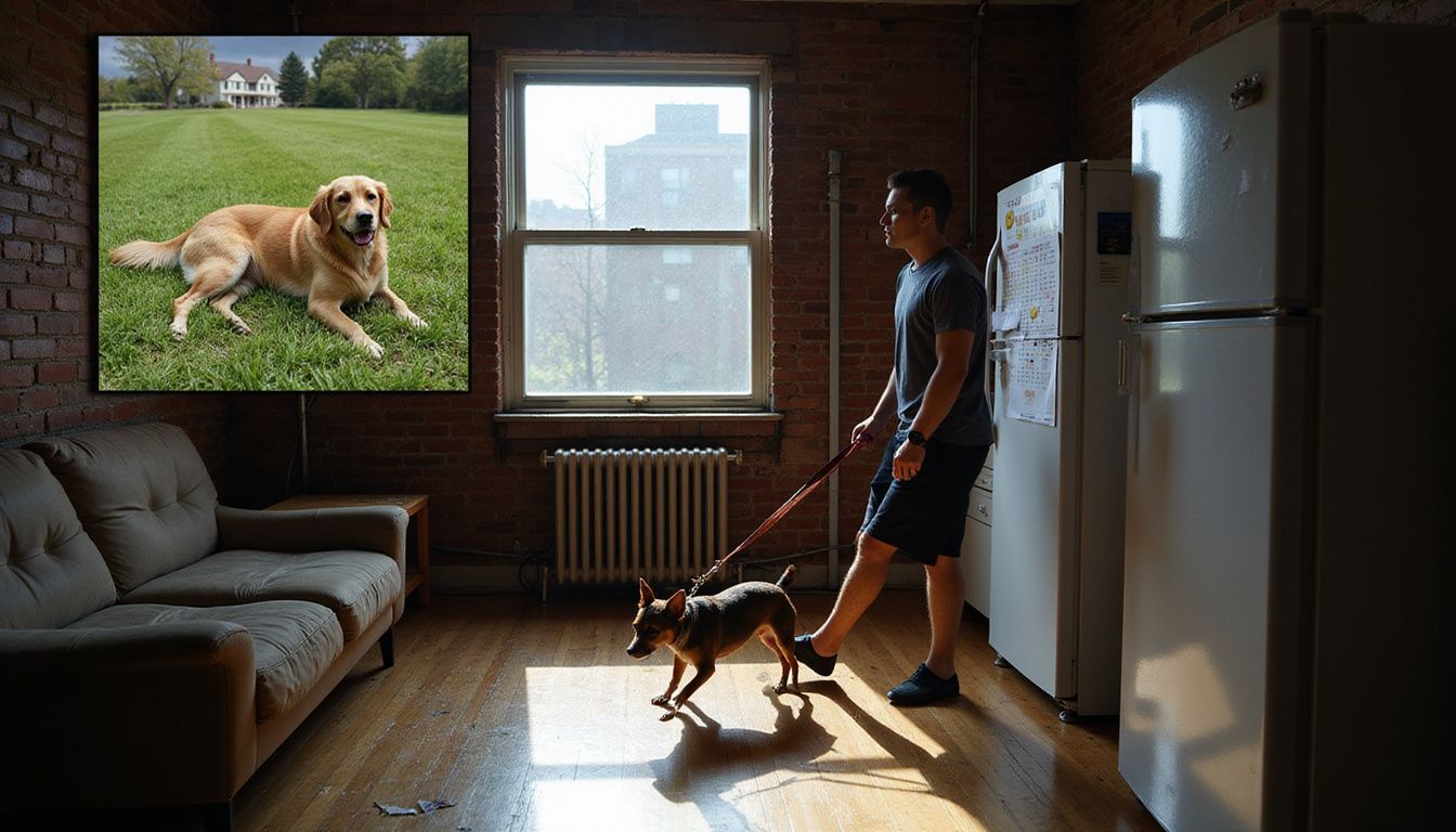 A person considers dog breed options while holding a Jack Russell Terrier's leash in a cramped studio apartment.