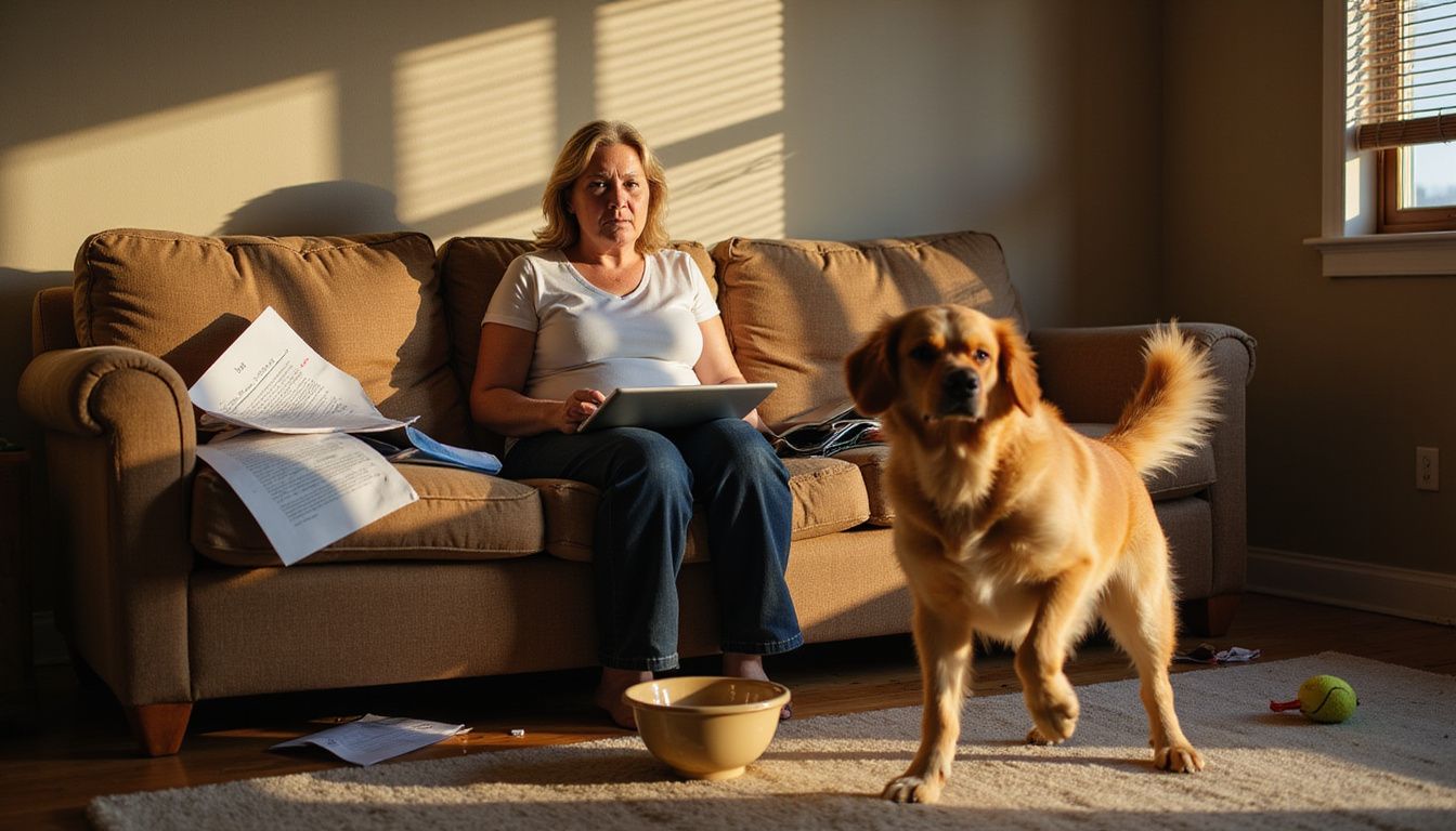 A tired woman sits on a worn couch surrounded by scattered documents, while an energetic golden retriever leaps nearby.