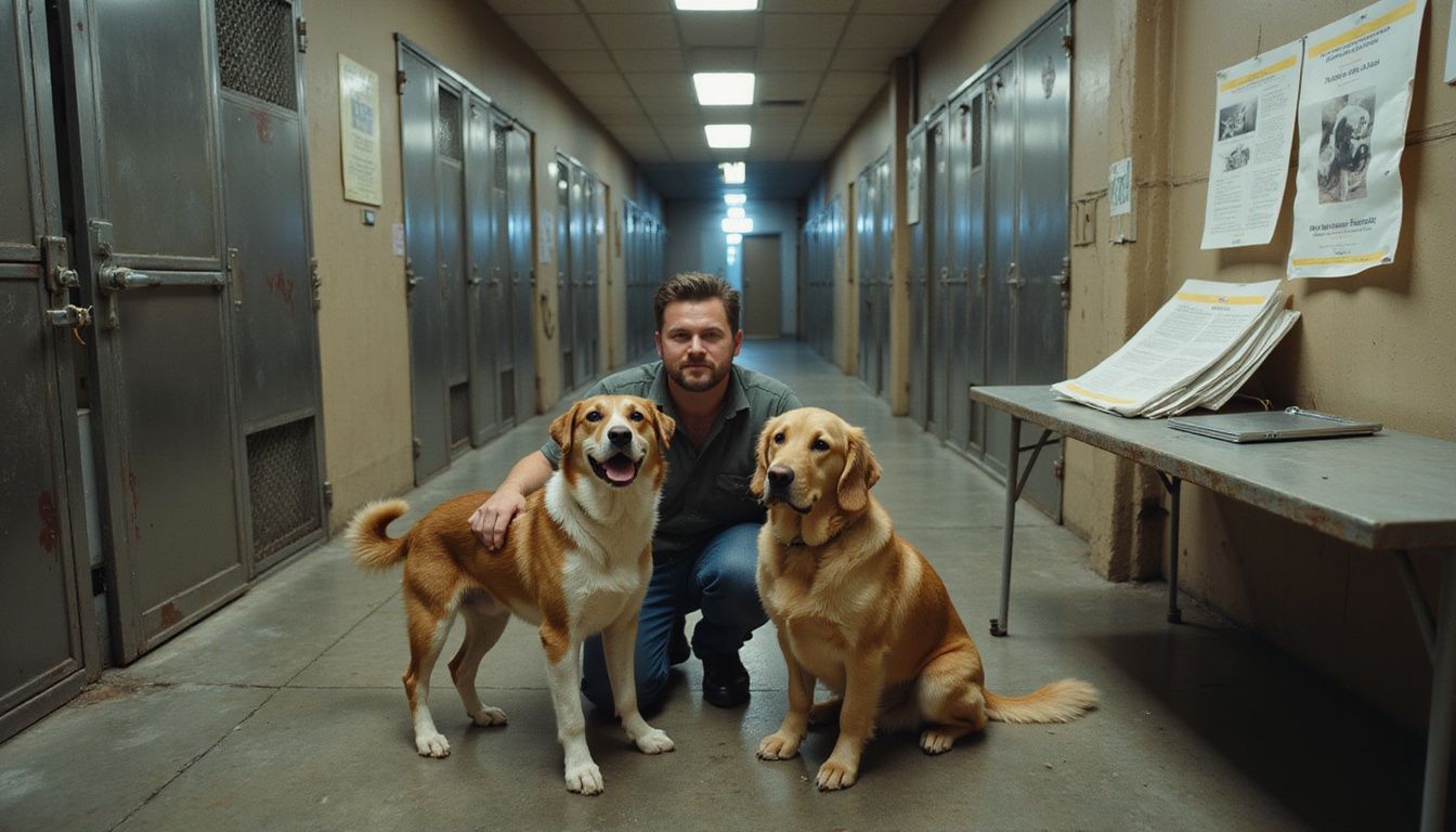 A man kneels in an animal shelter, considering adoption with two attentive dogs beside him.