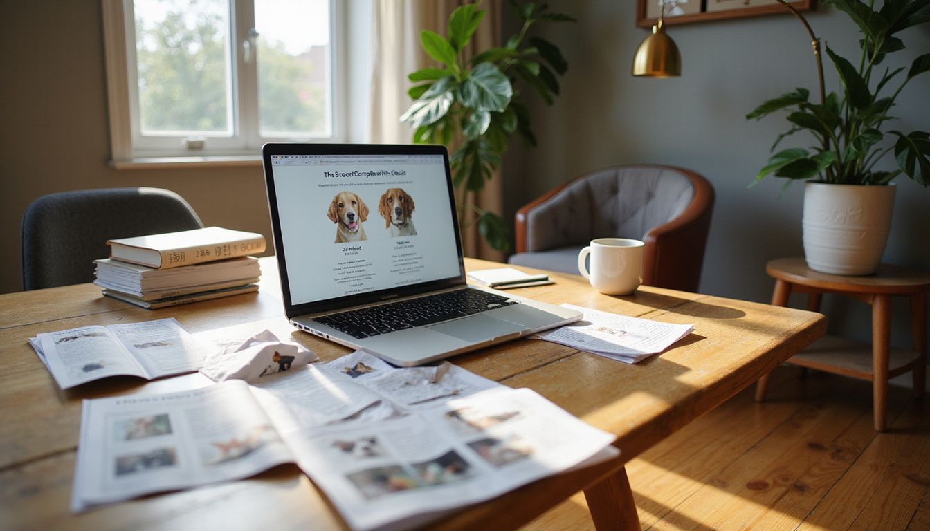 A MacBook Pro on an oak desk features a dog breed compatibility quiz alongside scattered adoption pamphlets and breed guides.