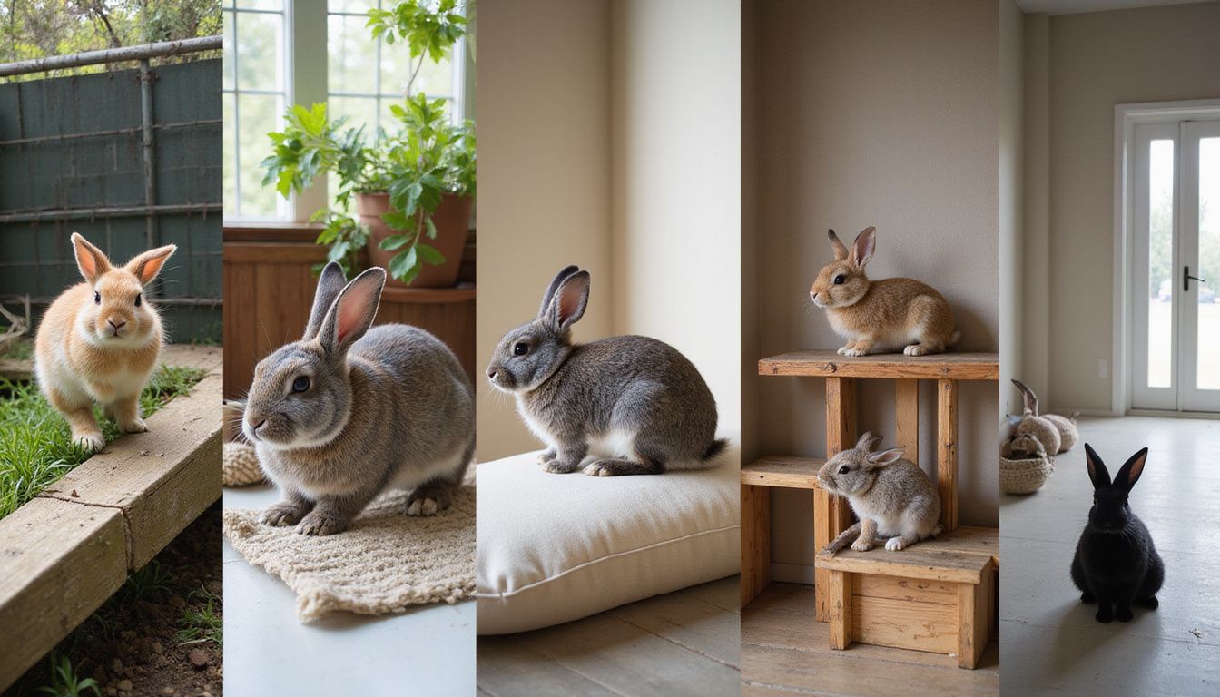 A split-screen showcases five panels of rabbits in various natural habitats, displaying their unique behaviors and environments.