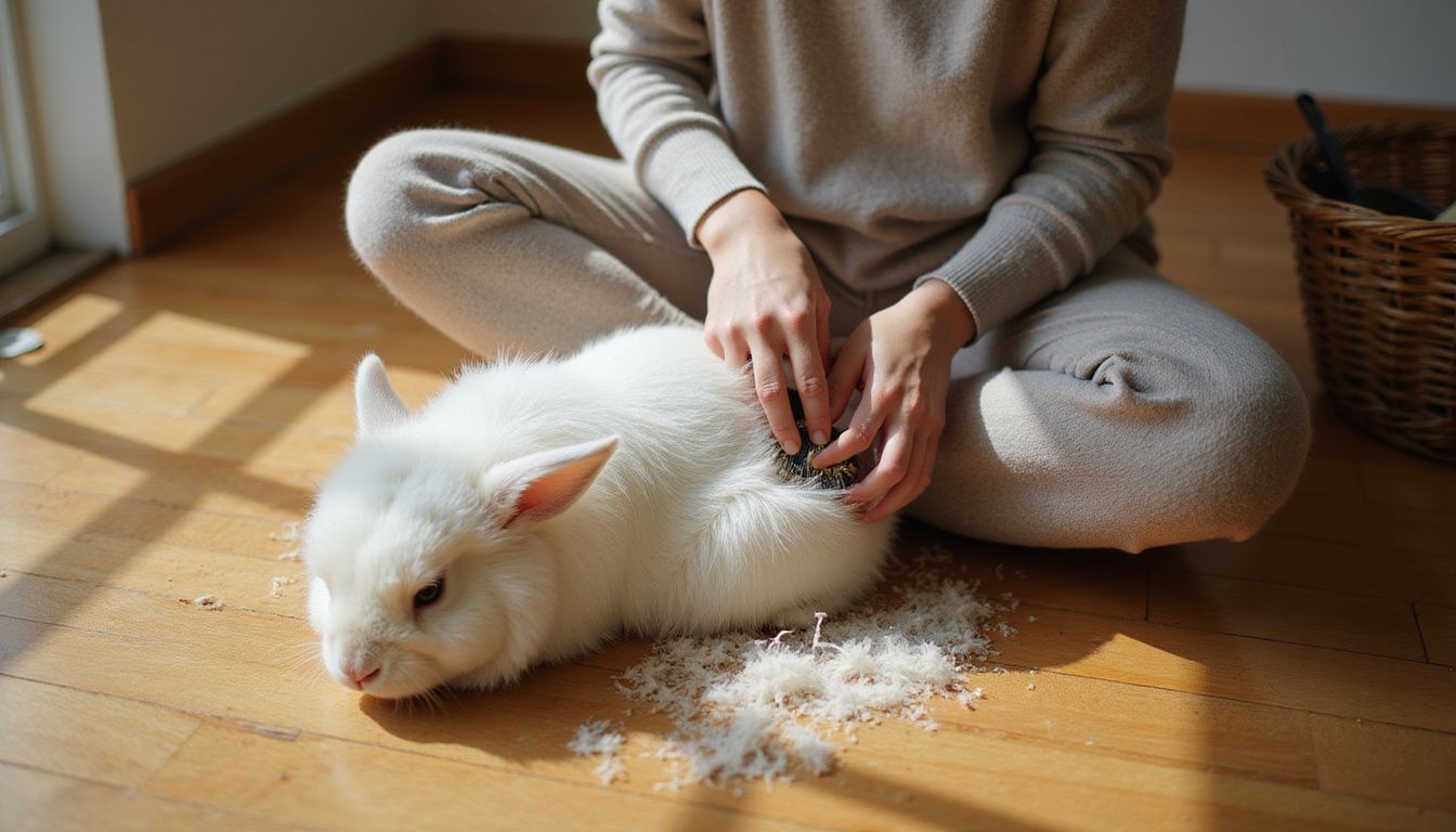 A woman gently grooms a long-haired Angora rabbit, surrounded by a cozy, lived-in environment.