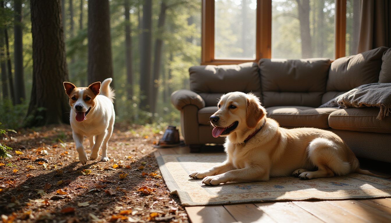 A Jack Russell Terrier runs joyfully through a forest, while a Golden Retriever peacefully rests indoors on a rug.