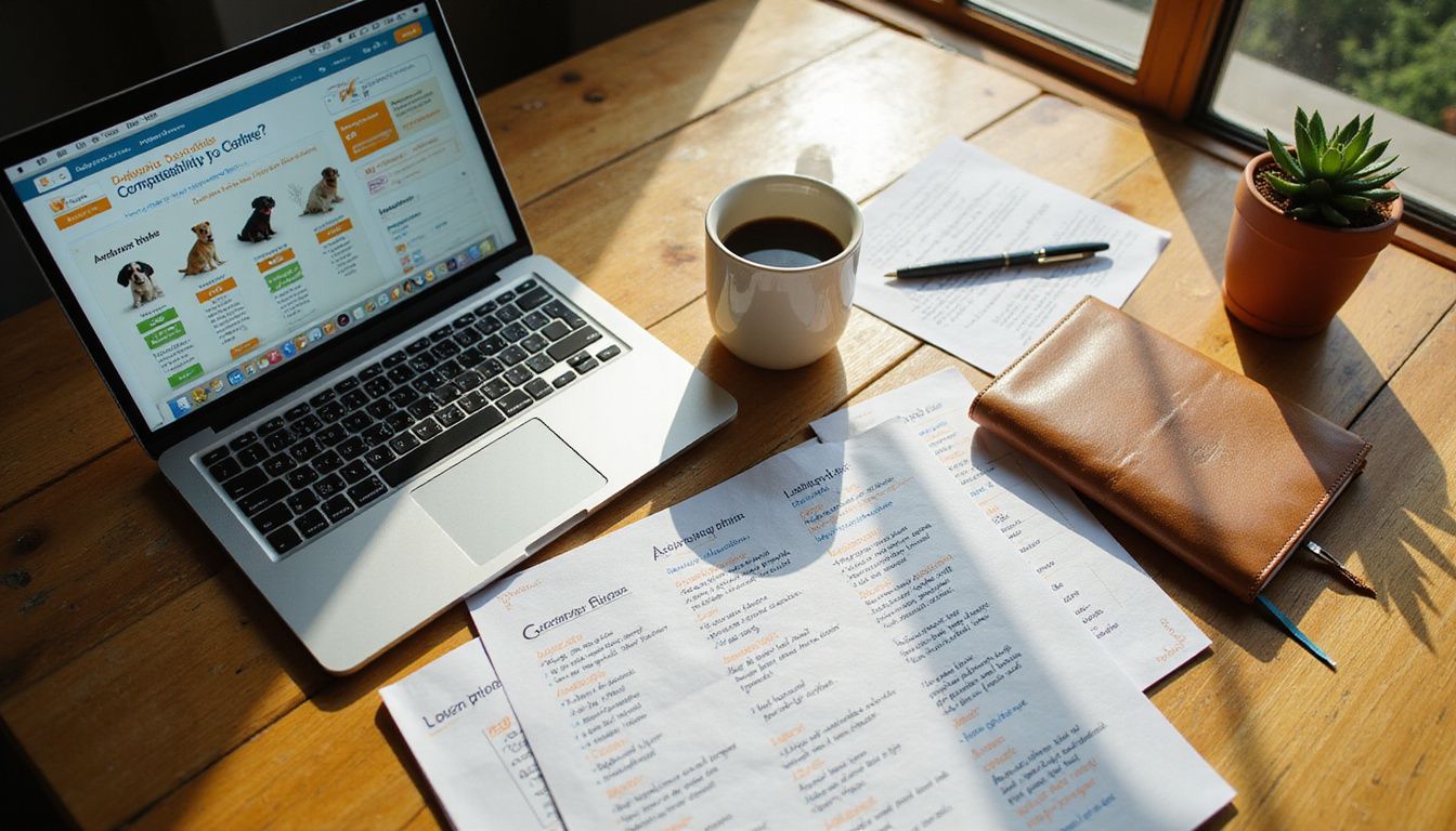 A cluttered workspace features a MacBook, dog breed information sheets, a notebook, and a potted succulent.