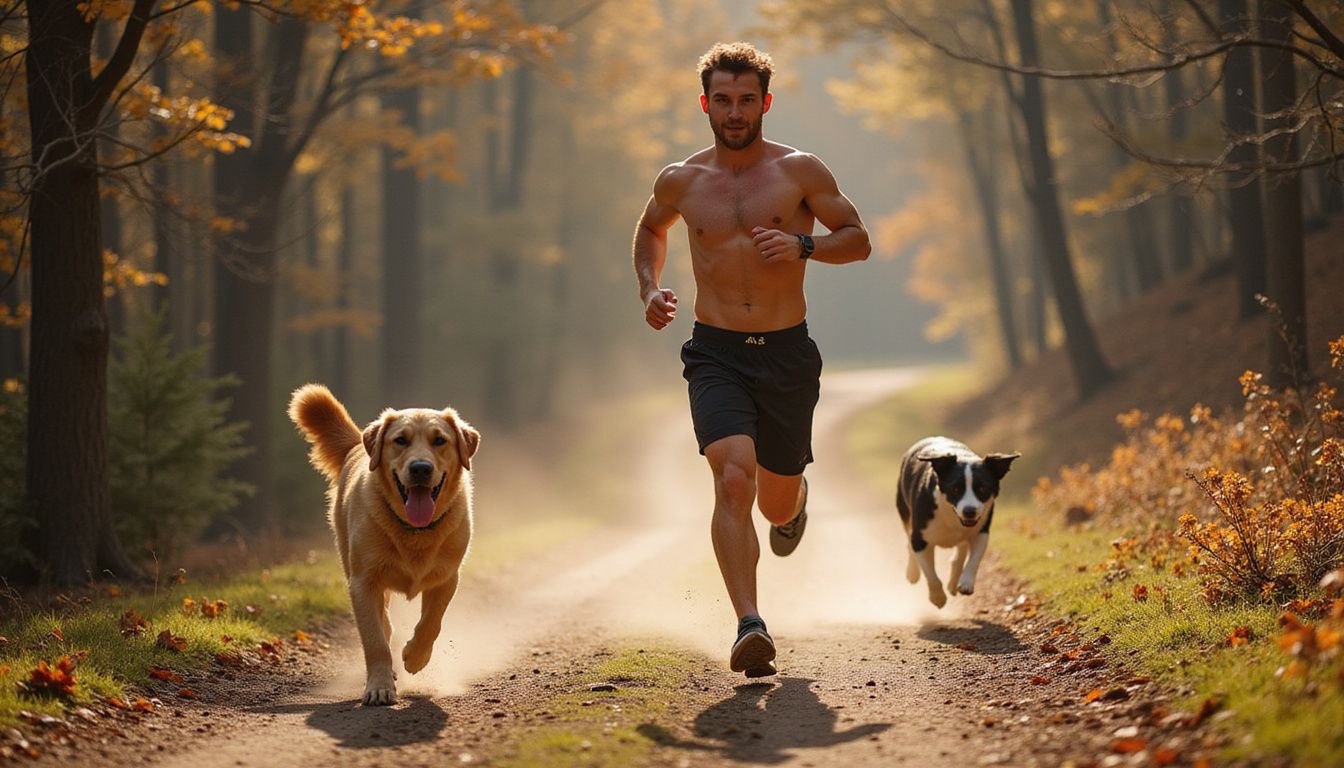 A determined young runner strides along a forest trail, accompanied by a golden Labrador and a black and white Border Collie.