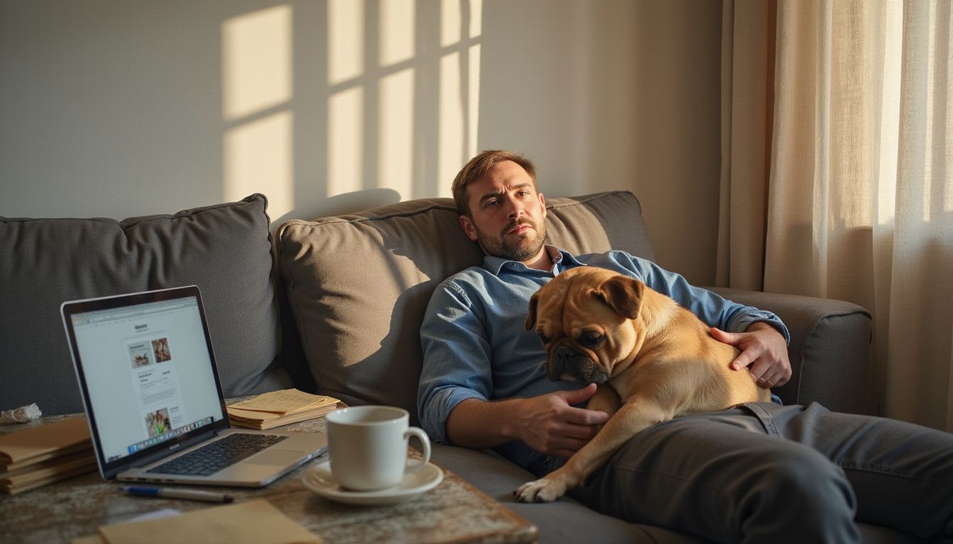 A weary man slouches on a couch with a French Bulldog, focused on adoption listings on his laptop.