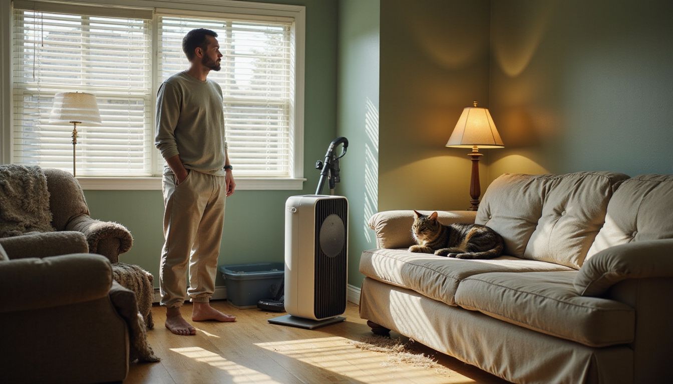 A lived-in living room features a cat, air purifier, and signs of pet ownership and domestic life.