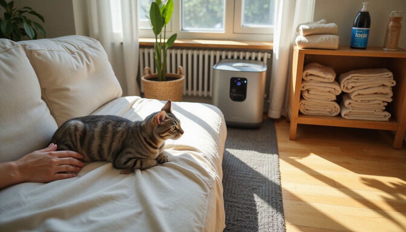 A woman's hand rests on a sofa beside a gray tabby cat in a cozy, well-organized living room.