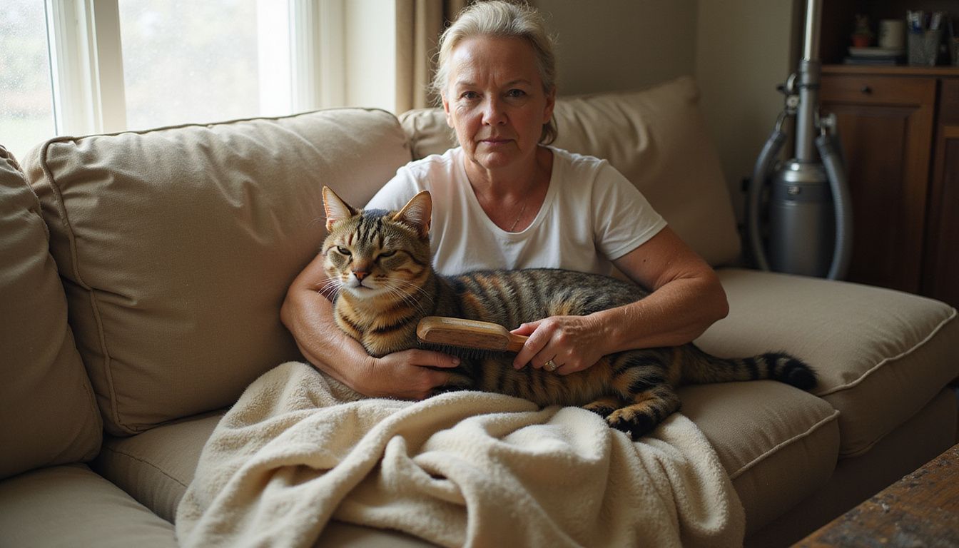 A middle-aged woman lovingly brushes her tabby cat while lounging on a well-worn sofa adorned with a cozy throw.