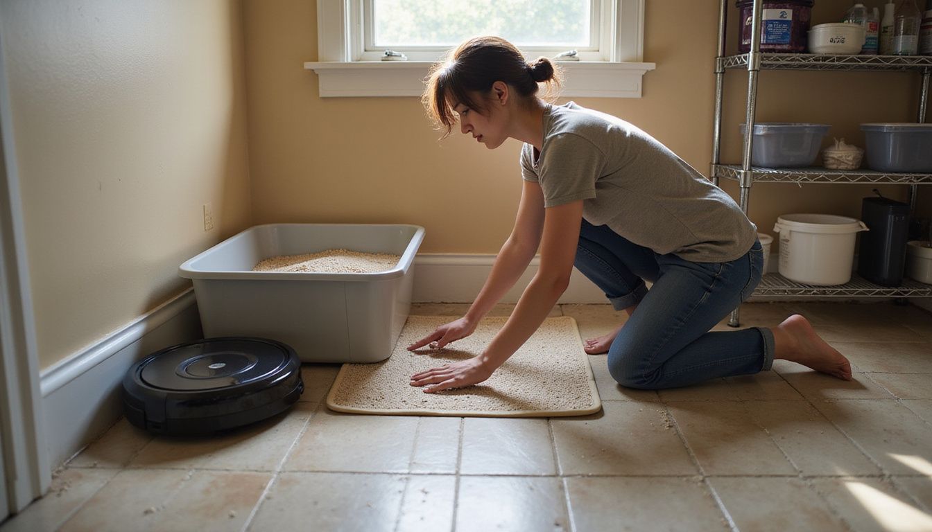 A woman kneels beside a litter box, smoothing a silicone mat on a tiled floor in a laundry room.