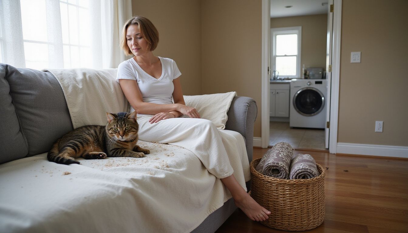 A woman relaxes on a sofa with a cat, surrounded by cozy decor and practical furniture for pet ownership.