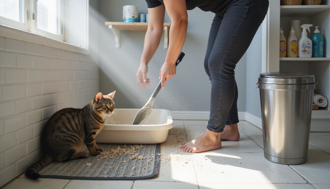 A person cleans a litter box in a tidy bathroom, while a curious tabby cat observes nearby.