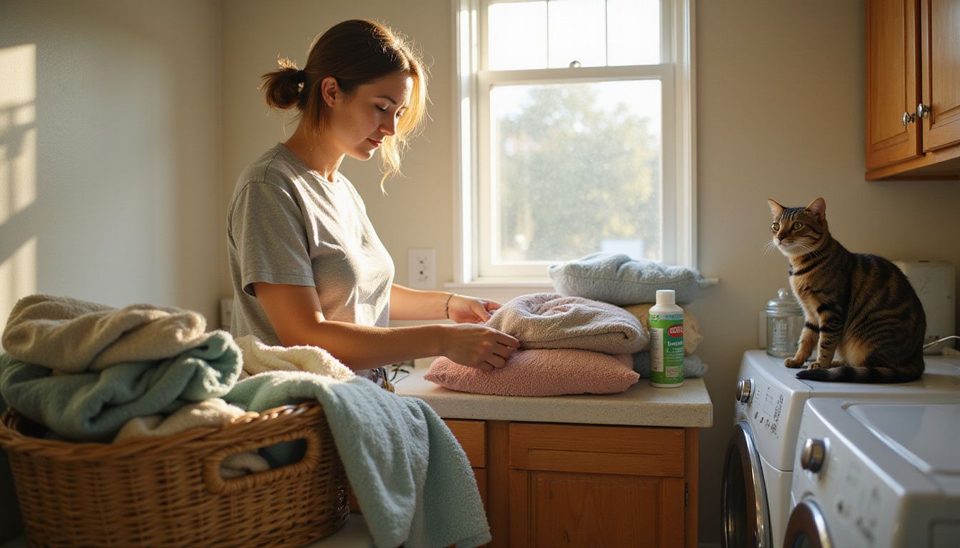 A woman sorts pet laundry in a cozy laundry room while her tabby cat watches her attentively.