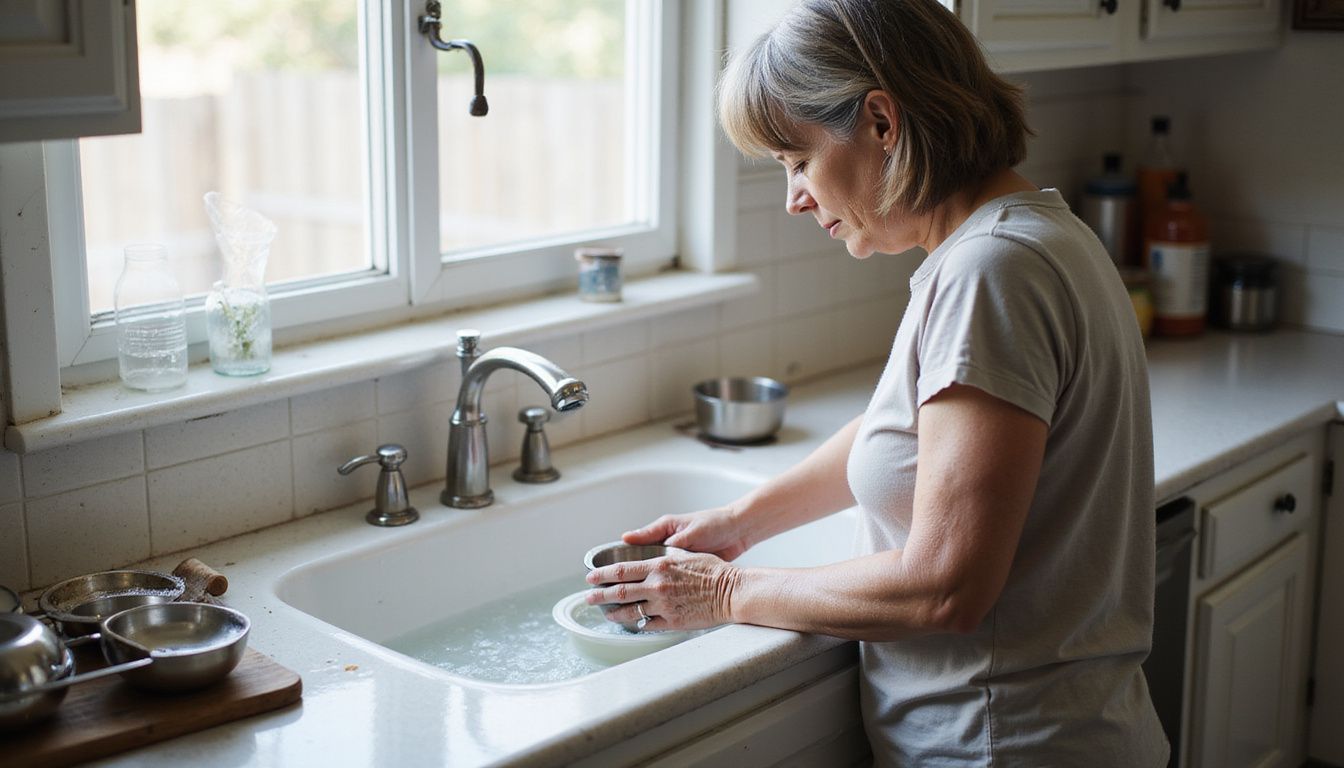 A middle-aged woman diligently cleans a cat food bowl at a well-used kitchen sink, surrounded by everyday household items.