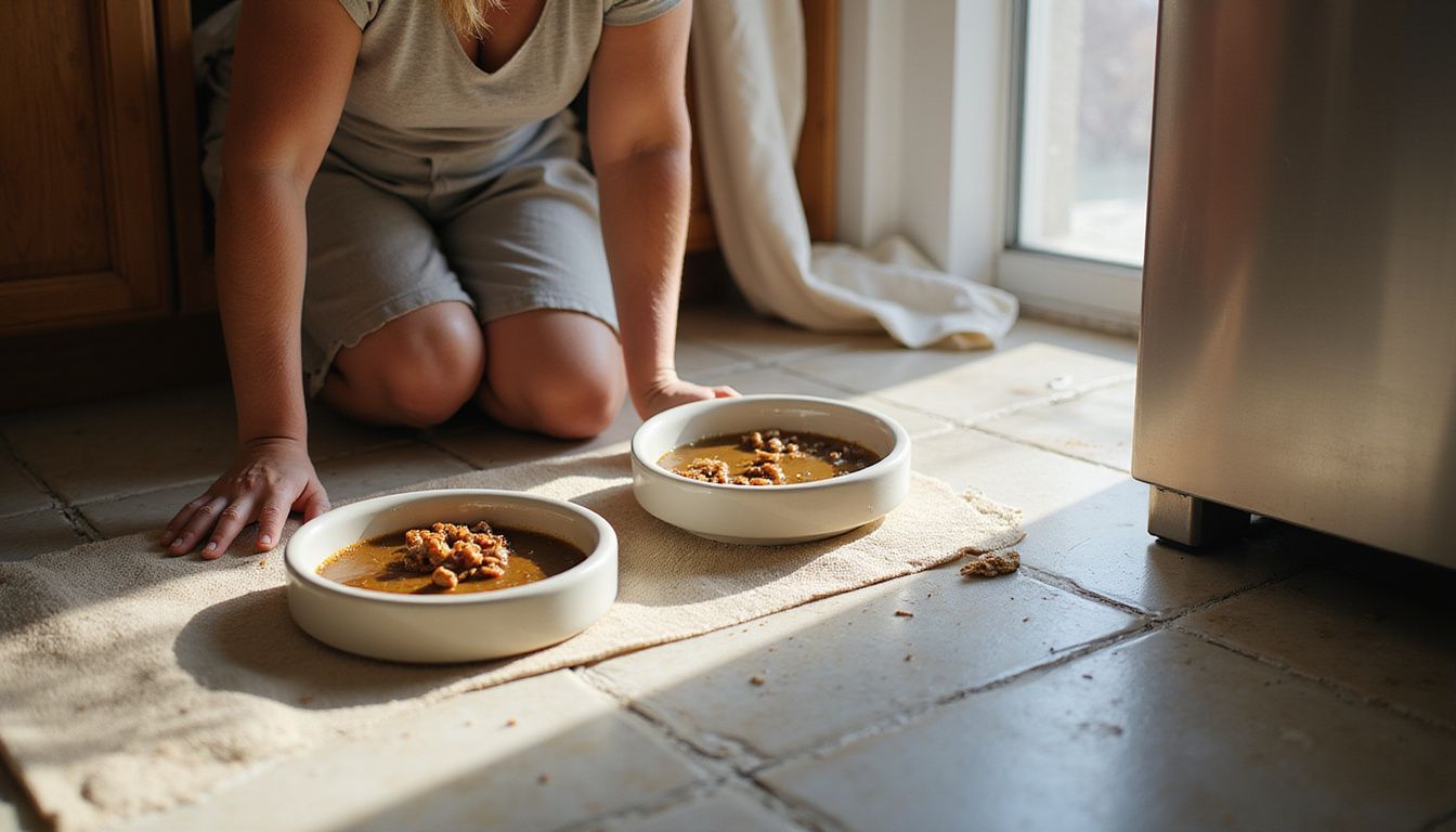 A woman kneels in her kitchen, adjusting ceramic feeding bowls for her pets on worn linoleum flooring.