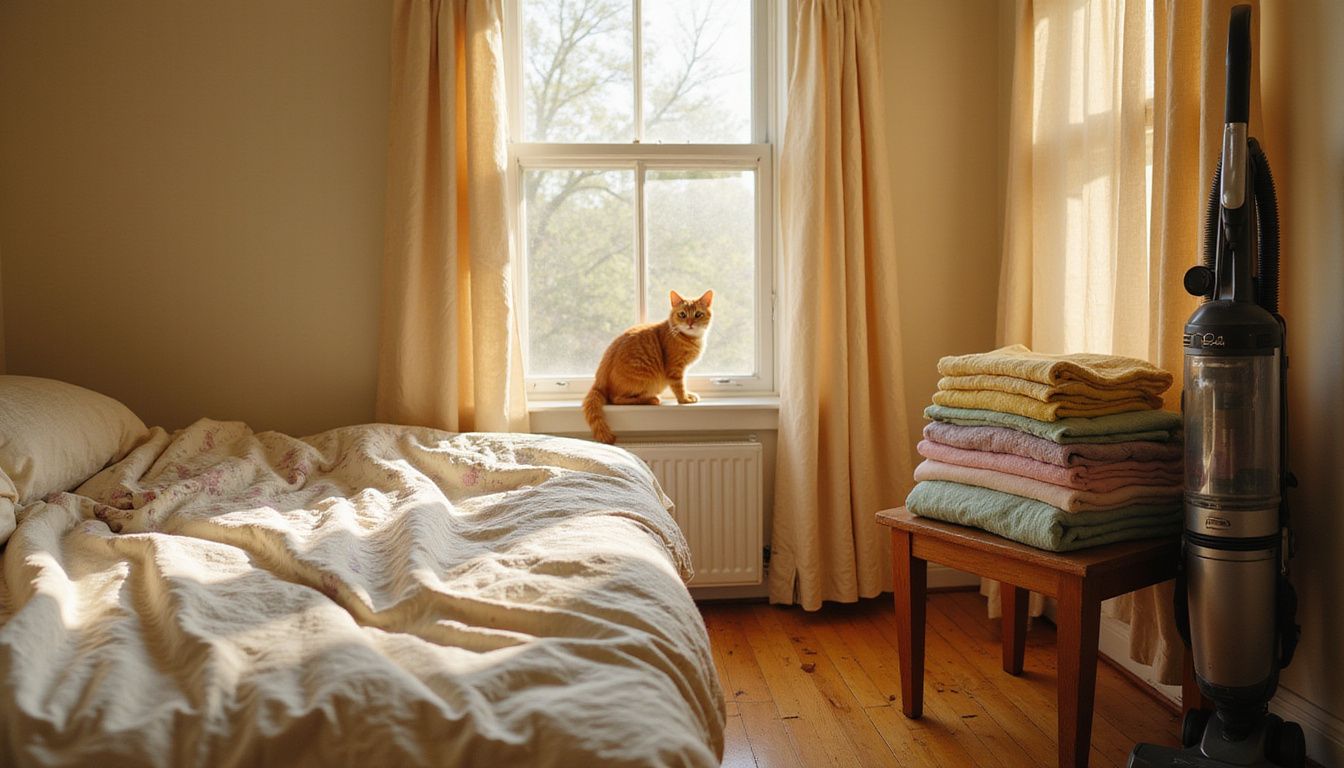 A cozy bedroom corner features an unmade bed, a wooden chair with blankets, and an alert orange tabby cat on the windowsill.