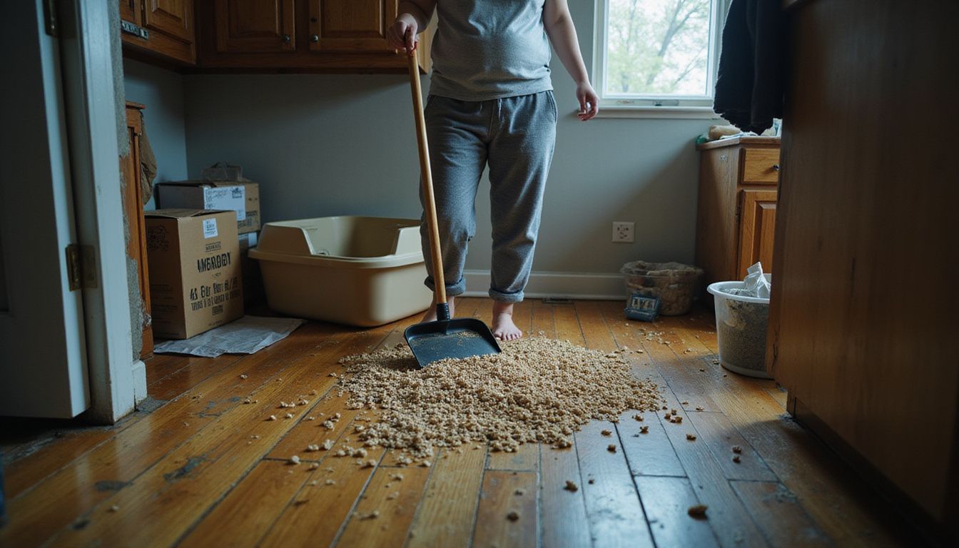 A tired woman sweeps cat litter off a scratched hardwood floor in a cluttered, lived-in room.
