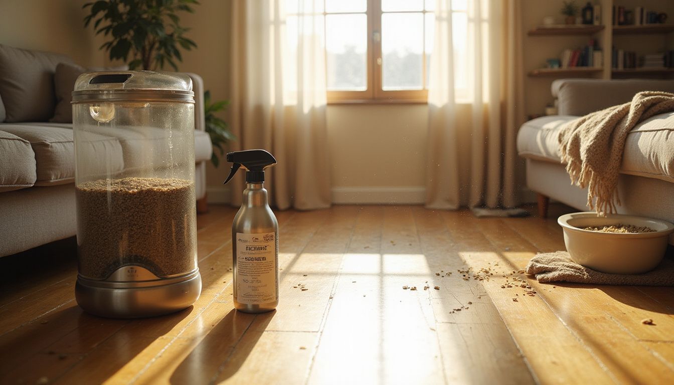 A cozy, lived-in living room features pet-related items and natural decor, showcasing a warm, inviting atmosphere.